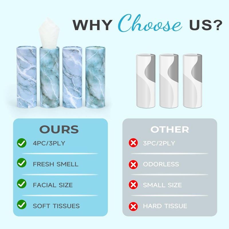 Gomew Car Tissue Holder (4 PK) - 50 3-Ply Tissues Cylinder, Fits Car Cup Holders, Portable Travel Tubes Box Container, Marble Design, Round Tissue Container for Car Accessories - Image 5